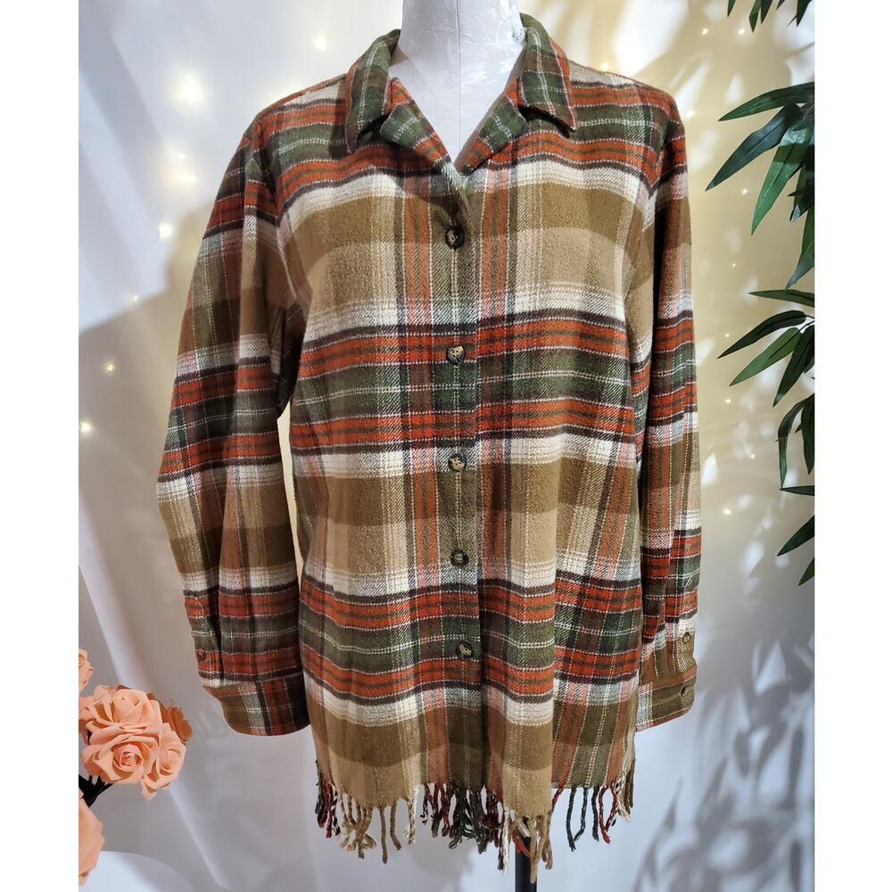 Vtg Easy Spirit Wool Blend Plaid Fringe Button Southwestern Shacket Womens Sz L